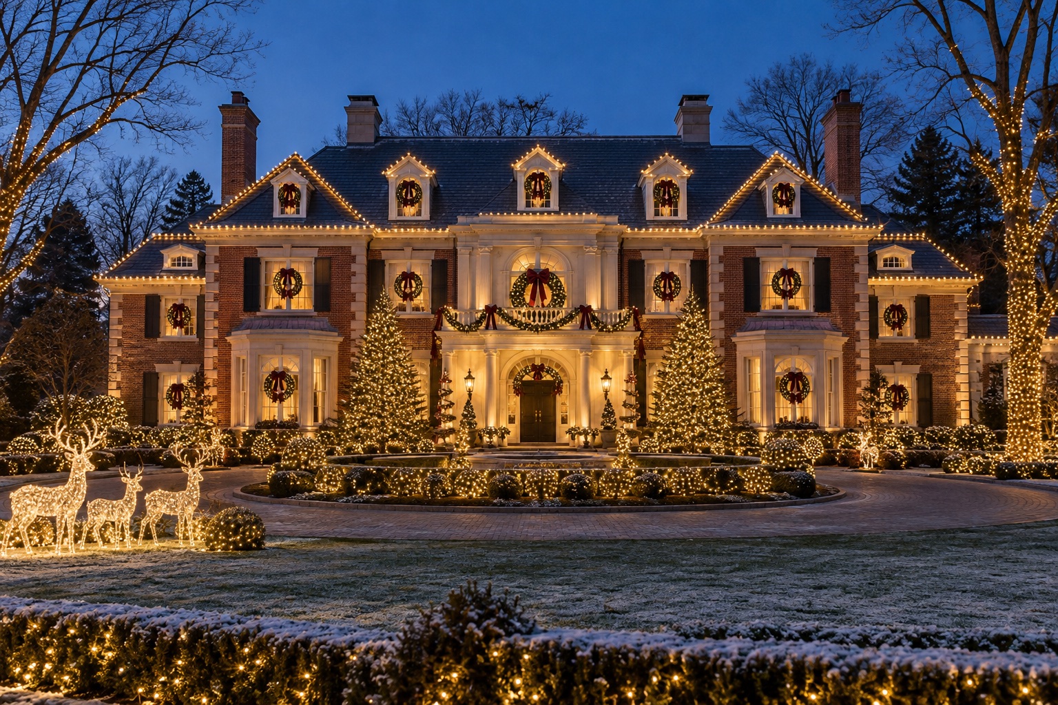 Lighting concept: a grand brick estate with abundant warm white Christmas lights, illuminated trees, wreaths, garlands, and glowing reindeer